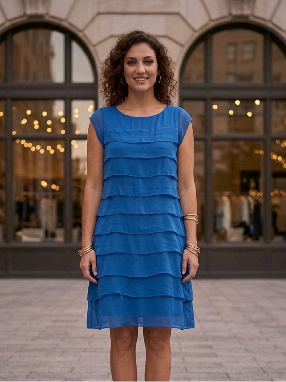 Bisou Bisou Royal Blue Tiered Chiffon Layered Flapper Shift Dress Event Large